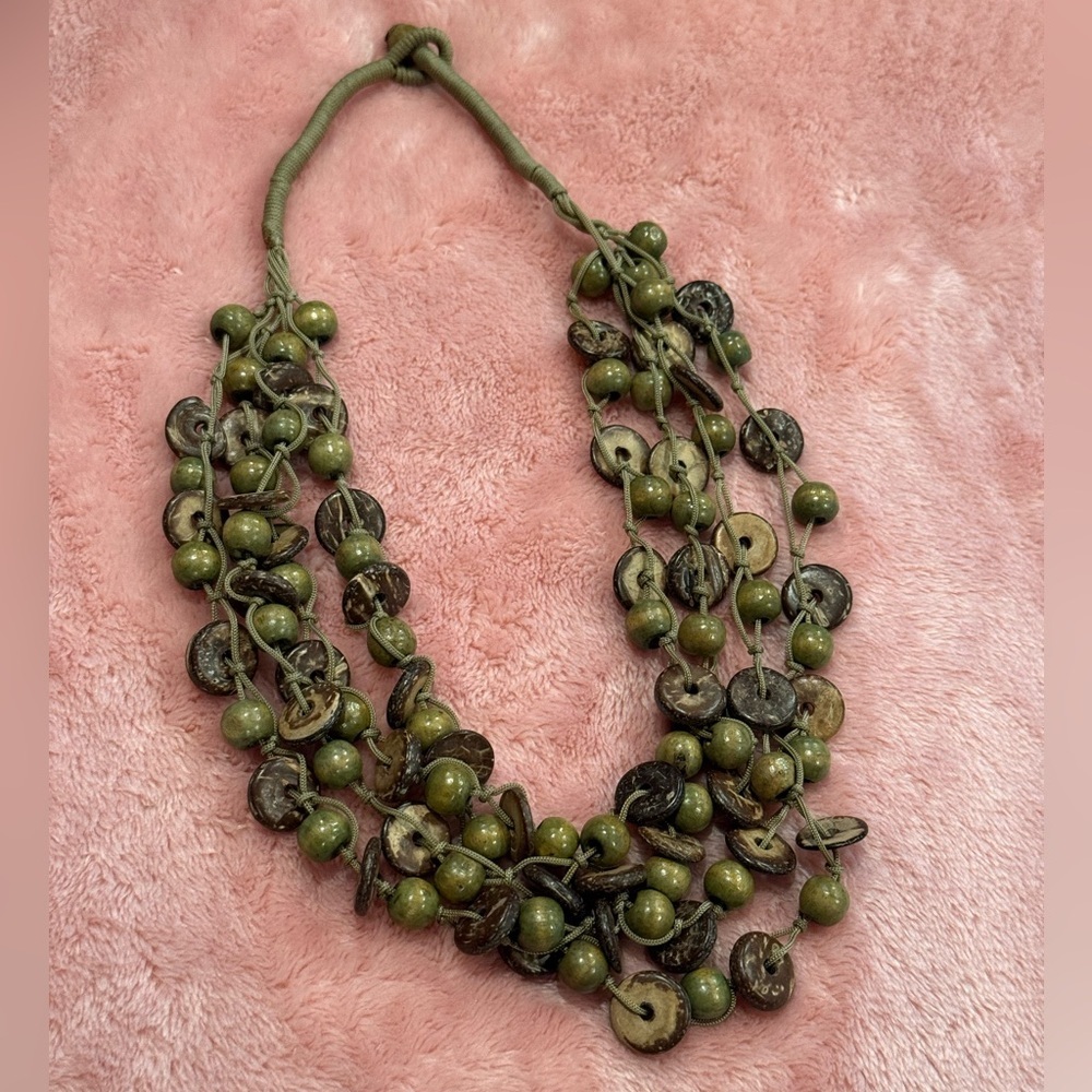 Boho Multi Strand Green Brown Beaded Statement Necklace Natural Style